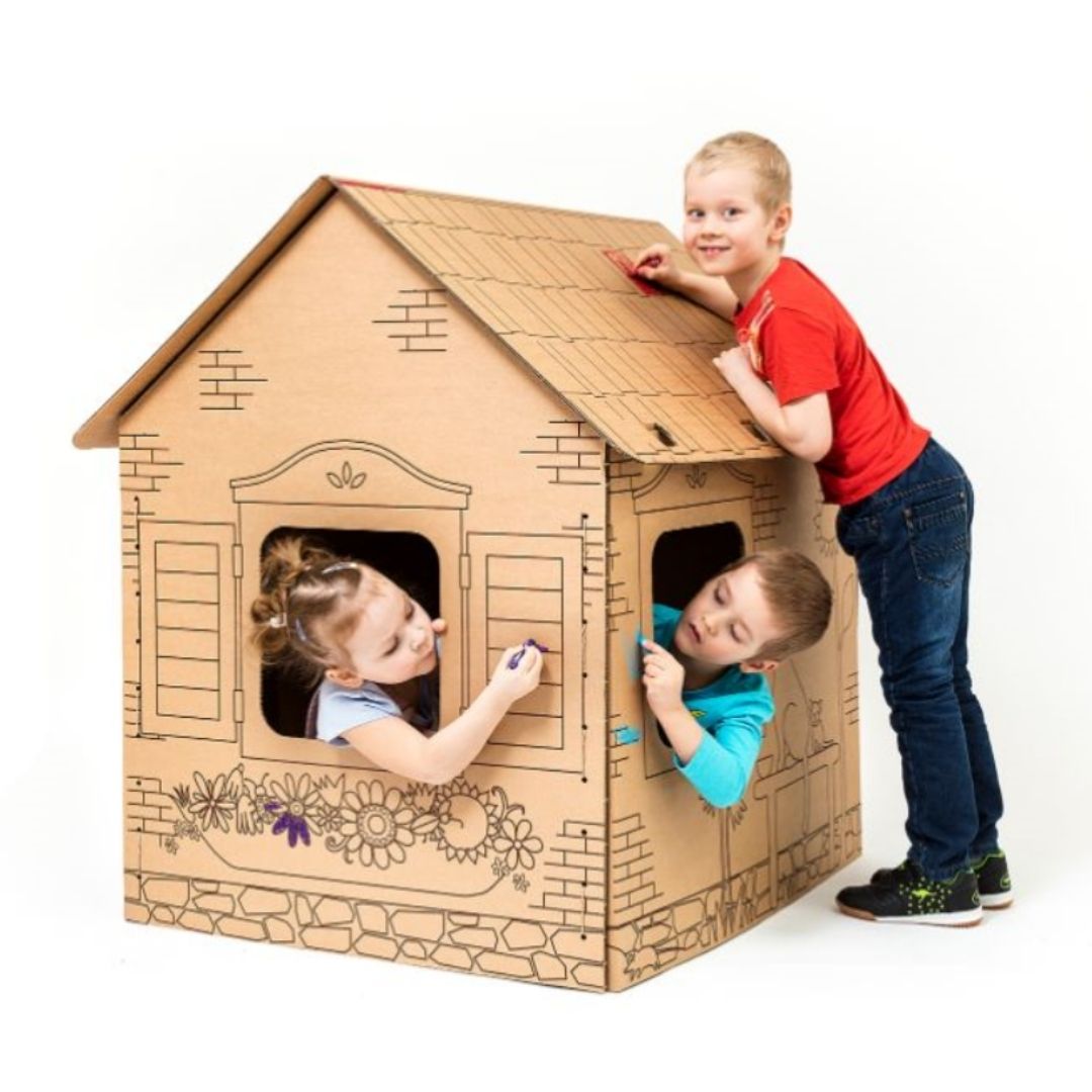 Pappspielhaus Hütte mit Konturen schöner Tiere, DIY, zum Bemalen, ab 3 Jahren