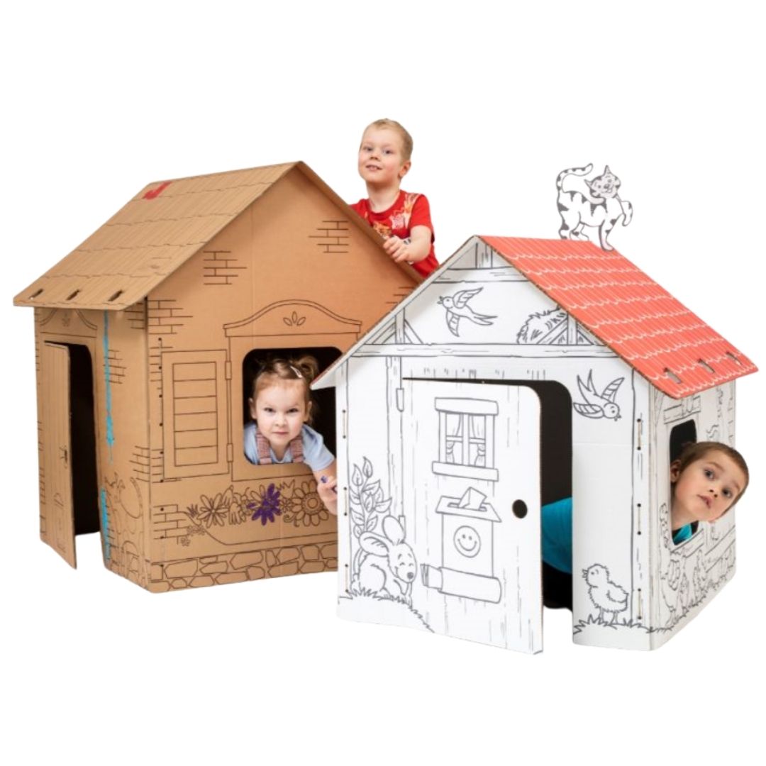 Pappspielhaus Hütte mit Konturen schöner Tiere, DIY, zum Bemalen, ab 3 Jahren