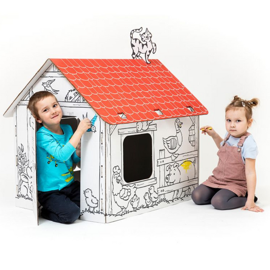 Maison de jeu en carton Aventure avec de jolis contours de garçons, cow-boys, animaux, fleurs, blanc, grand, bricolage, pour la peinture, 3+ ans