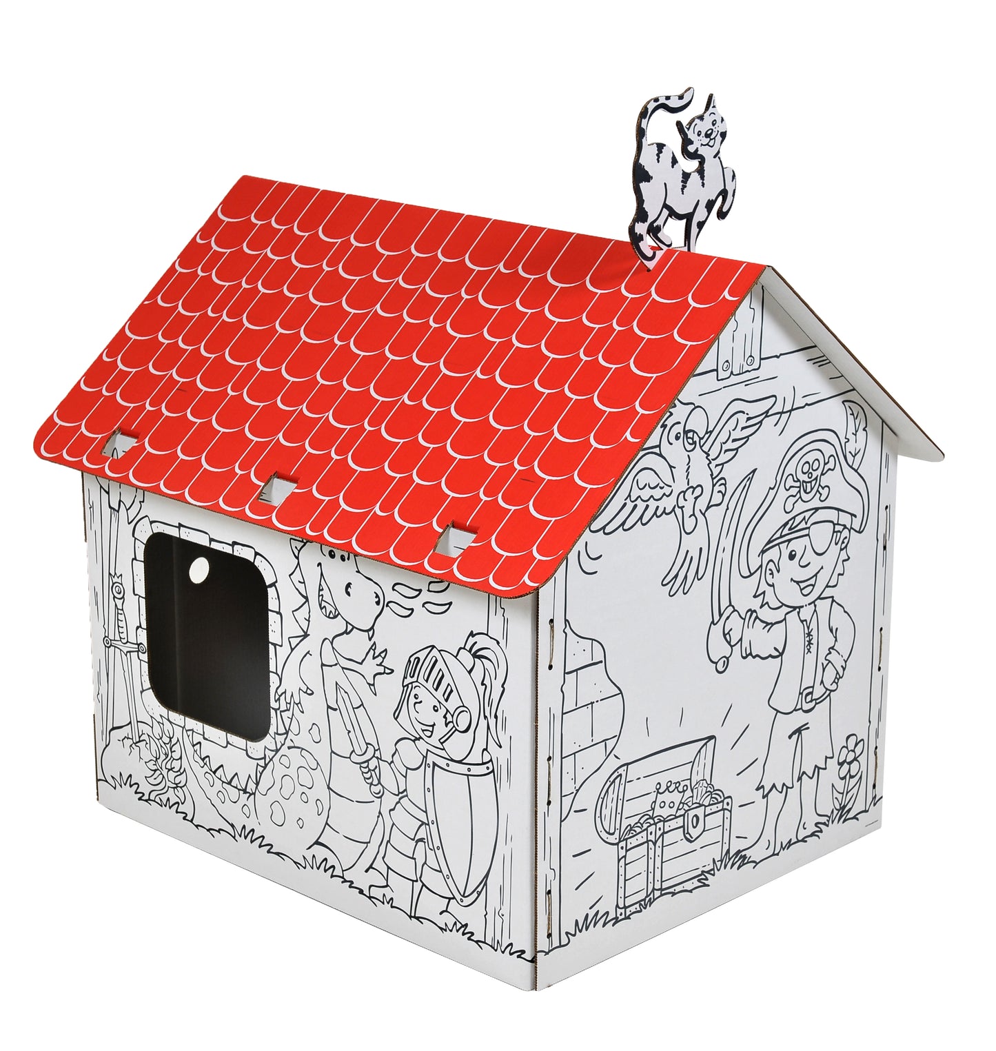 Maison de jeu en carton Aventure avec de jolis contours de garçons, cow-boys, animaux, fleurs, blanc, grand, bricolage, pour la peinture, 3+ ans