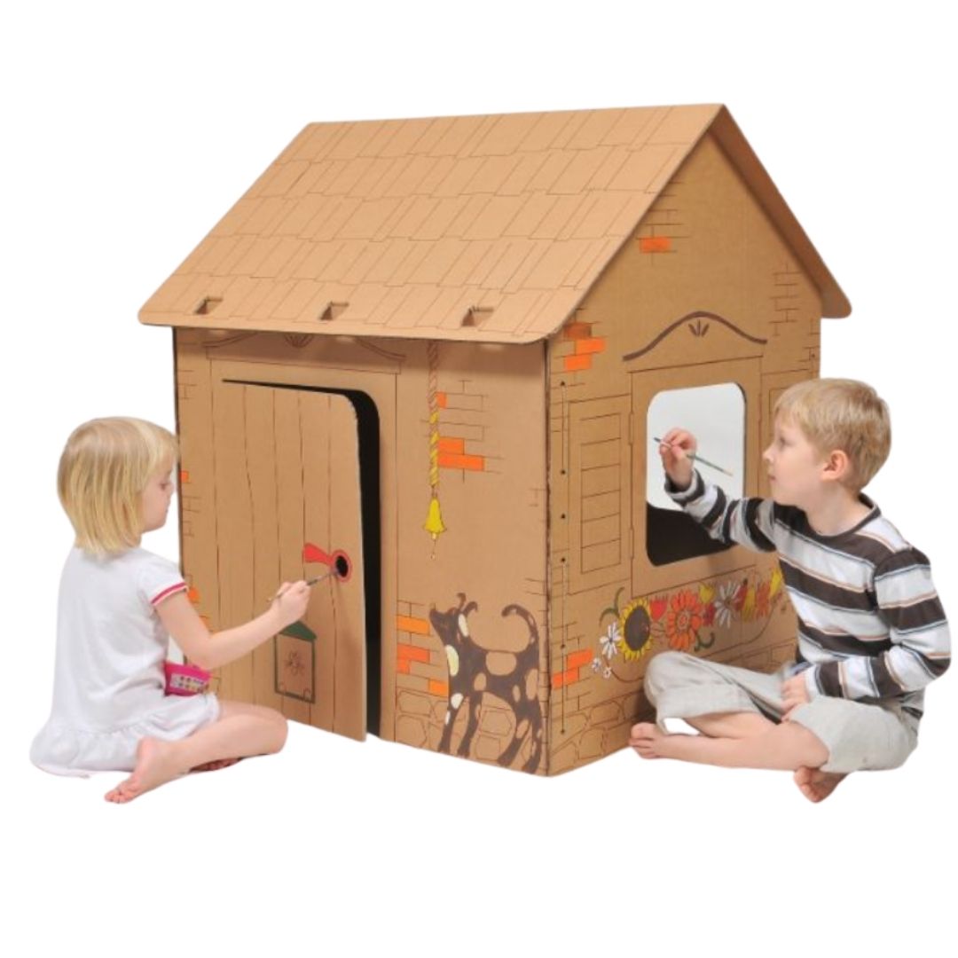Pappspielhaus Hütte mit Konturen schöner Tiere, DIY, zum Bemalen, ab 3 Jahren