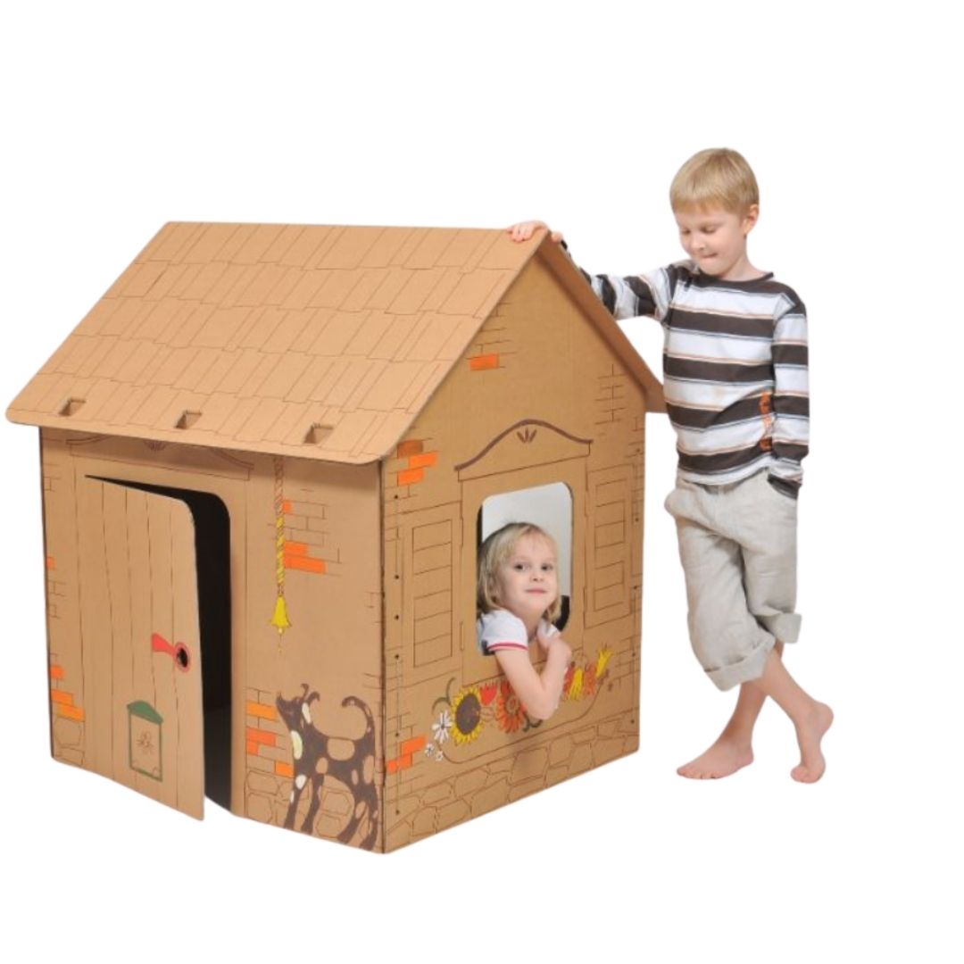 Cardboard playhouse Cabin with contours of nice animals, DIY, for painting, 3+ years